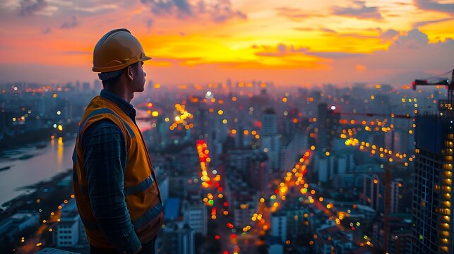 Construction site worker wearing yellow hardhat and gloves at a city construction site - Powered by Adobe