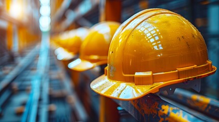 Yellow safety helmet for protection on the construction site 