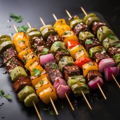 shish kebabs on skewers served with herbs and spices