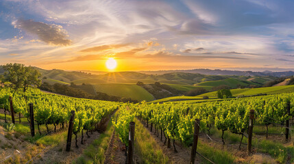 Naklejka premium A panoramic view of a vineyard at sunset, emphasizing the beauty and romance of wine country.