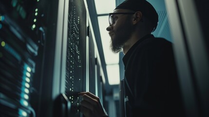A technical employee works in a server room, close-up. A IT specialist repairing hard drives in a server room.