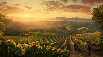 A panoramic view of a vineyard at sunset, emphasizing the beauty and romance of wine country.