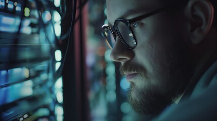 A technical employee works in a server room, close-up. A IT specialist repairing hard drives in a server room.