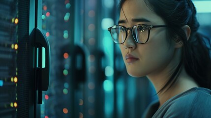 A technical employee works in a server room, close-up. A IT specialist repairing hard drives in a server room.