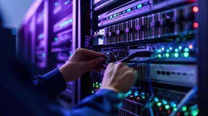 A technical employee works in a server room, close-up. A IT specialist repairing hard drives in a server room.