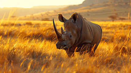 Obraz premium A rhinoceros standing alone, the savanna grasses waving gently in the evening breeze, with the backdrop of a sun-kissed mountain range.
