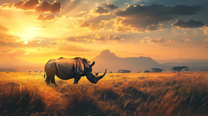 A rhinoceros standing alone, the savanna grasses waving gently in the evening breeze, with the backdrop of a sun-kissed mountain range. - obrazy, fototapety, plakaty