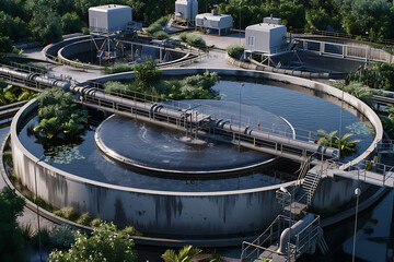A sewage treatment plant with filtration systems, processing effluent and wastewater for environmental sustainability and clean water preservation.