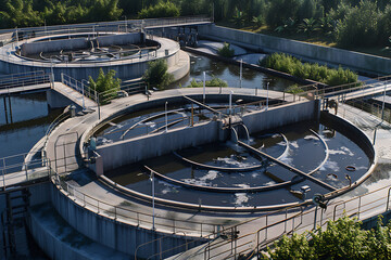 A sewage treatment plant with filtration systems, processing effluent and wastewater for environmental sustainability and clean water preservation.