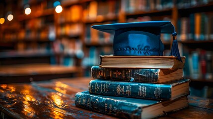Graduation Cap, Diploma, and Books Stack,Education and knowledge concept