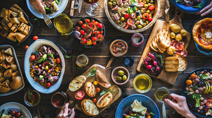 A rustic table spread with a Mediterranean feast, highlighting the warmth of shared meals.