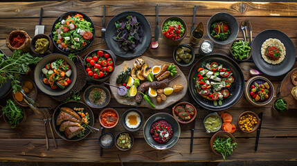 A rustic table spread with a Mediterranean feast, highlighting the warmth of shared meals. - obrazy, fototapety, plakaty
