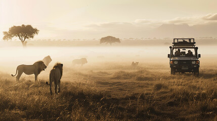 a safari vehicle stopped in the early morning mist, with passengers quietly observing a pride of lions, the fog adding a layer of mystique and reverence to the wildlife viewing experience.