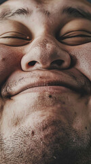 a studio shot of a closeup of A person with really chubby face cheeks, happy face, closed mouth