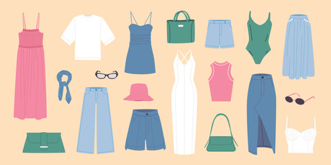 Large set  Women clothes. Summer women's clothing, bags, sunglasses. Dresses, tops, denim skirt, shorts, sunglasses. Color flat vector illustrations isolated on background.