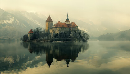 A castle is reflected in the water of a lake - obrazy, fototapety, plakaty