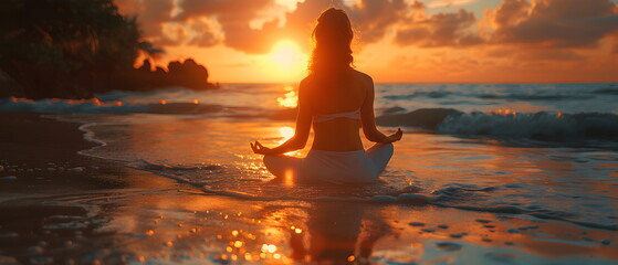 Healthy woman lifestyle balanced practicing Yoga, Morning on sea beach Silhouette of a Woman Meditating in Lotus Position