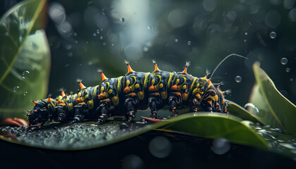 A colorful bug is sitting on a leaf in a pond - obrazy, fototapety, plakaty