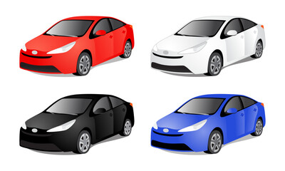 Beautiful cars in red, white, black and blue colors. Set of isolated vector illustrations