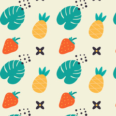Summer pattern with tropical leaf, pineapple and strawberry