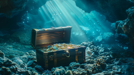 old Wooden treasure chest filled with treasures