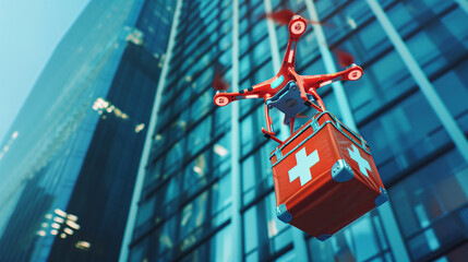 Smart technology of drone, auto pilot carries red box package