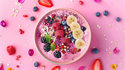 A vibrant smoothie bowl adorned with an array of toppings, focusing on health and the beauty of superfoods.