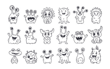 Big set of cartoon monsters. Cute monsters doodle. Kids funny character design for posters, cards, magazins. Line. Vector illustration   © Alina