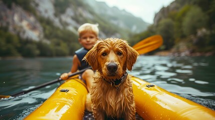 Happy boy with his dog paddling an inflatable kayak on the water mountain lake