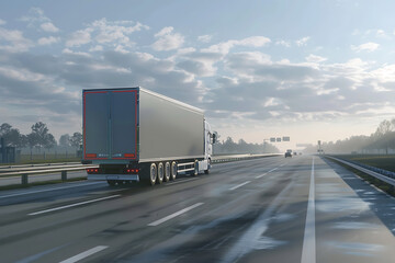 A truck with a semi-trailer driving along the highway, transporting goods for efficient and timely delivery across vast distances.