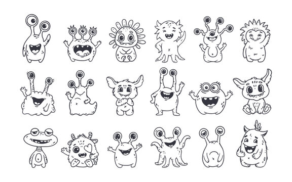 Big set of cartoon monsters. Cute monsters doodle. Kids funny character design for posters, cards, magazins. Line. Vector illustration

