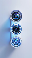 A photorealistic, threedimensional illustration of the cameras lens and its four elements in white with blue lighting - obrazy, fototapety, plakaty