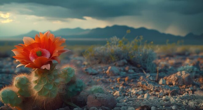 A stark, dark desert scene with a vibrant, colorful cactus flower as the focal point