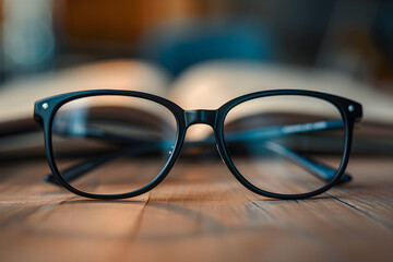 Sophisticated Matte Black RX Eyewear Resting on a Wooden Surface with Open Book in Background - obrazy, fototapety, plakaty