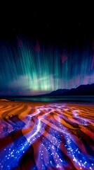 Surreal Desert Night, Northern Lights, Vibrant Colors with Copy Space