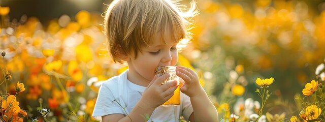 a small child eats honey in a field of flowers - obrazy, fototapety, plakaty