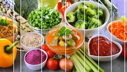 photo collage of healthy and bright vegan diet fruit and vegetables 