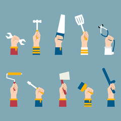 Vector icon set for Labor Day or Labour Day. with industrial elements and raised hands.