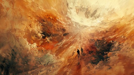 A painting of two people standing on a cliff, looking out at a vast, stormy sea
