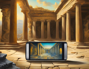 A smartphone lies on the floor of an ancient temple to take photos