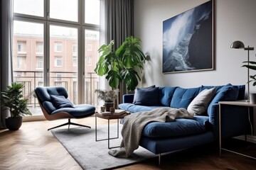 Dark blue sofa and recliner chair room architecture furniture.