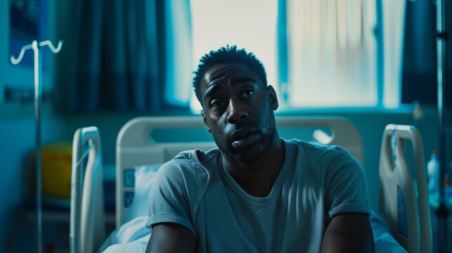 A upper middle class black man worried and alone in a hospital ward. 