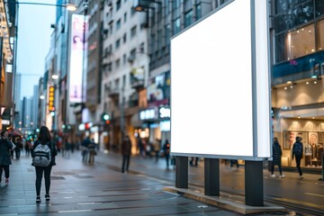 Blank advertising billboard on a busy city street at dusk with shoppers and storefronts in the background