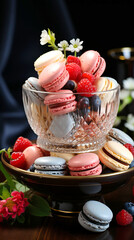 Elegant and colorful macarons and fresh berries in a crystal vase.
