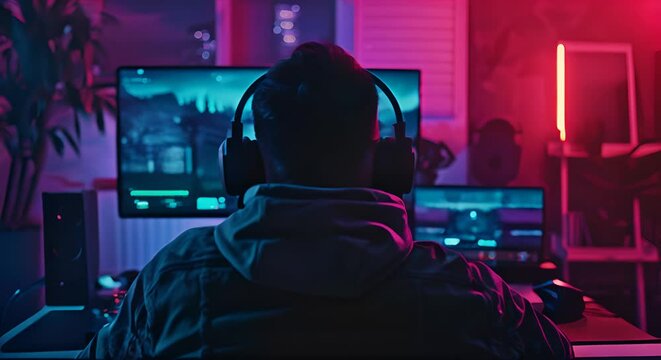 Gamer streaming a suspenseful match in a dark room lit by RGB keyboards