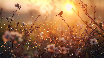 An idyllic scene of a dew-covered meadow at dawn, with songbirds perched and singing atop blossoming branches, welcoming the new day with their melodious chorus. - obrazy, fototapety, plakaty