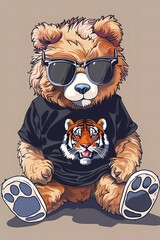 cool teddy bear with black tiger t-shirt and sunglasses vector illustration