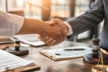 Lawyer and client handshake in a law firm, legal documents visible on the desk, concept of legal services and counsel