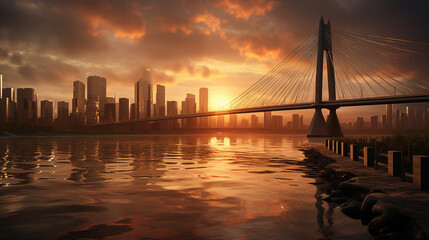 city skyline at sunset, Amajestic bridge spanning a river, its steel cables and concrete pillars...
