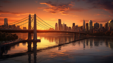 sunset over the bridge, Amajestic bridge spanning a river, its steel cables and concrete pillars standing tall against the city skyline. The sun sets behind it, casting a warm glow on the water - obrazy, fototapety, plakaty